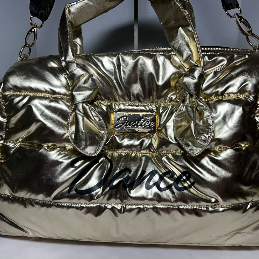 Justice Gold, metallic duffel bag